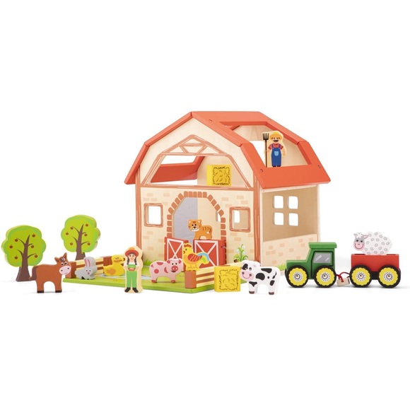 Wooden Barn Farm Play Set with Animals, Farmers, and Tractor - Picture 2 of 4